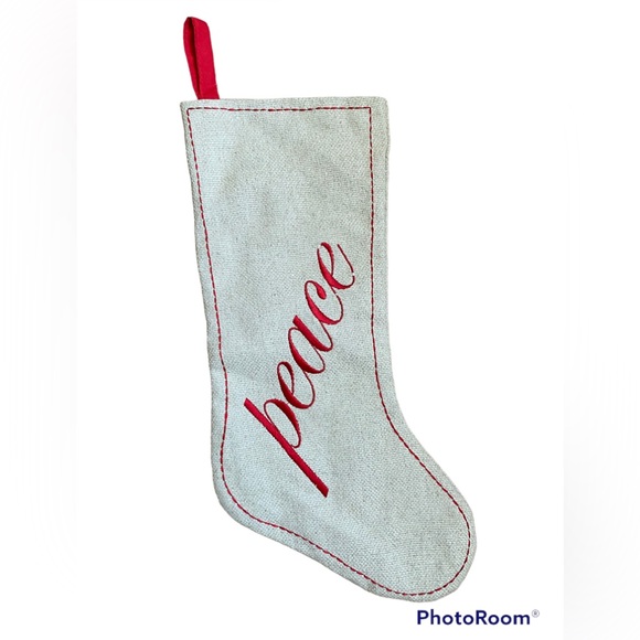 Christmas Stockings Burlap with Red Embroidered Peace set of 2 - Picture 4 of 4